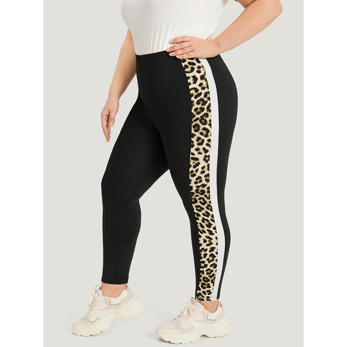 Plus Size Leopard Patchwork High Rise Elastic Waist Leggings Women Black Casual High stretch Skinny High Rise Dailywear Leggings BloomChic 28/5X Product Image