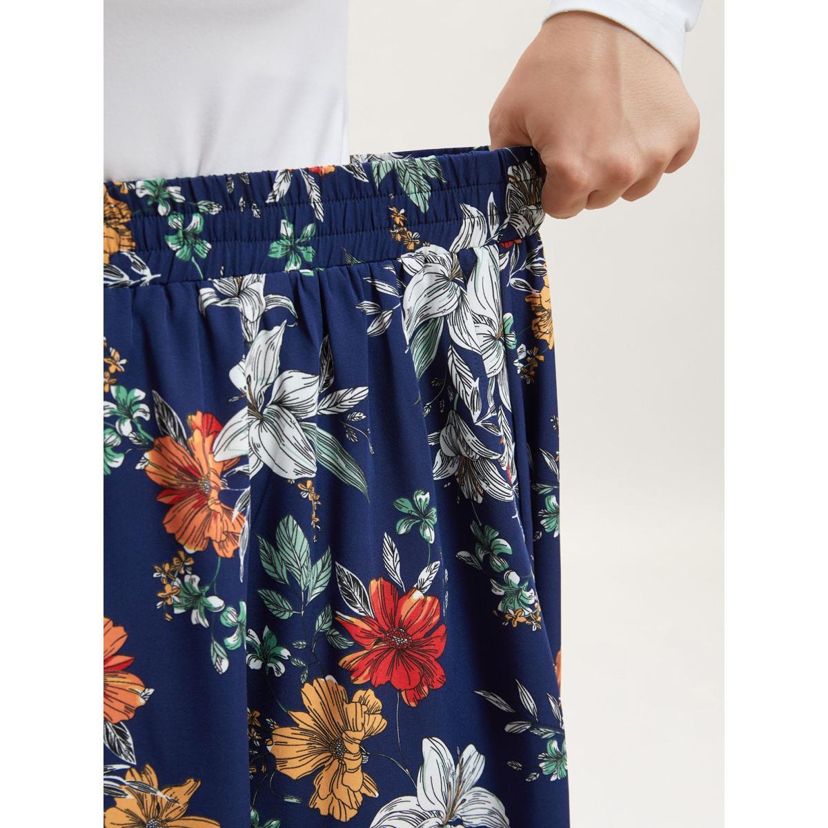 Plus Size Floral Print Drawstring Pleated Midi Skirt Women DarkBlue Elegant Bodycon Low stretch Slanted pocket Everyday Skirts BloomChic 18-20/2X Product Image