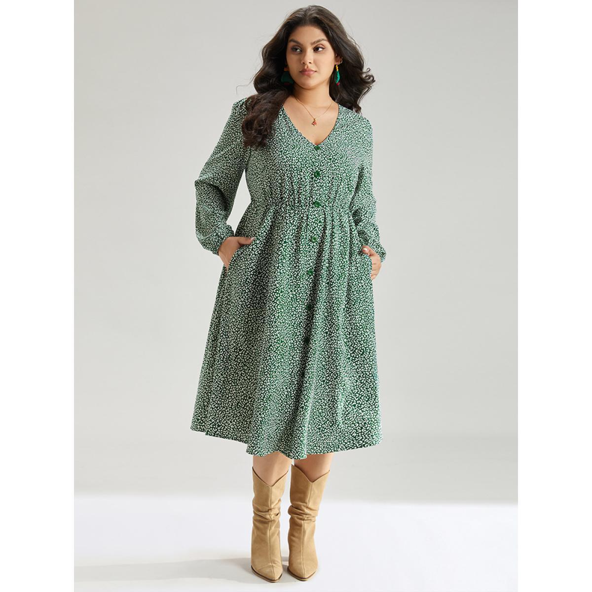 Plus Size Leopard Print Elastic Cuffs Button Detail Dress Green Women Elegant Elastic cuffs V-neck Long Sleeve Curvy Midi Dress BloomChic 28/5X Product Image