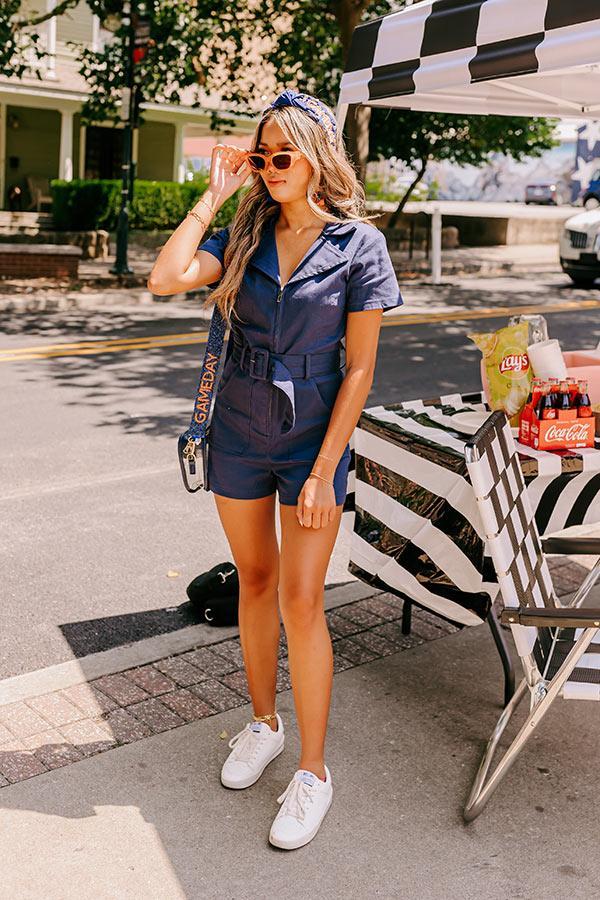 Stay Sophisticated Denim Romper In Navy Product Image