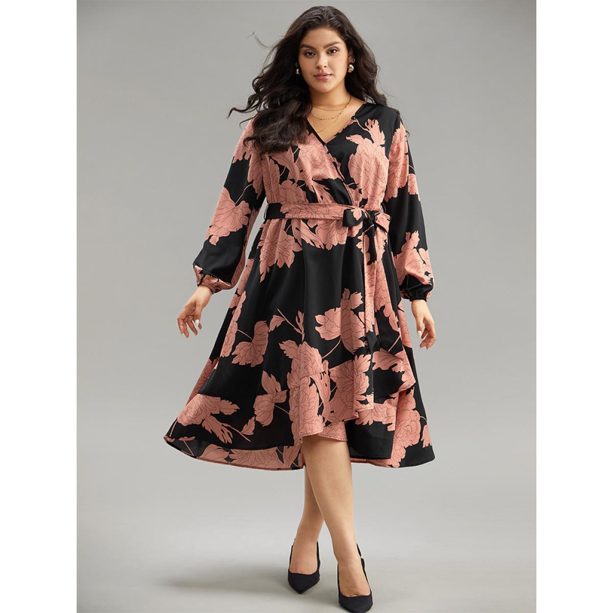 Plus Size Floral Print Belted Wrap Hem Midi Dress Black Women Elegant Elastic cuffs Overlap Collar Long Sleeve Curvy Midi Dress BloomChic 18-20/2X Product Image