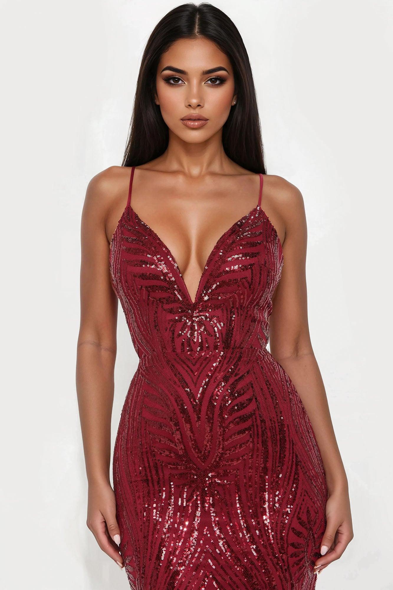 Tayla Sequin Maxi Dress - Wine Female Product Image