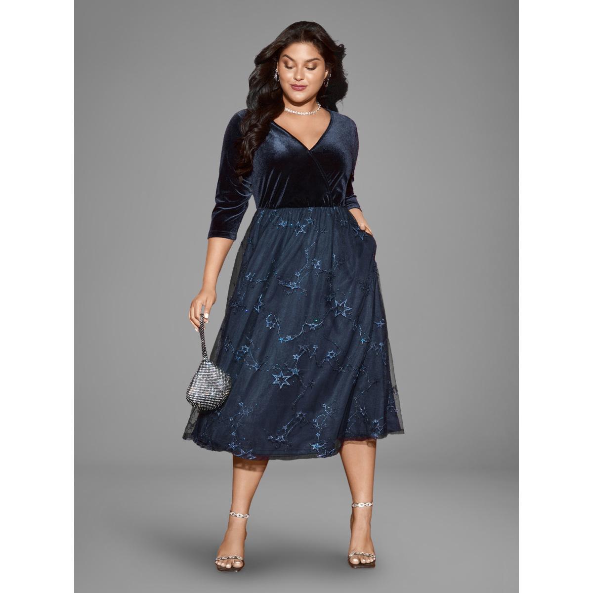 Plus Size Velvet Star Mesh Surplice Neckline Midi Dress DarkBlue Women Cocktail Texture Party Curvy Bloomchic 26/4X Product Image