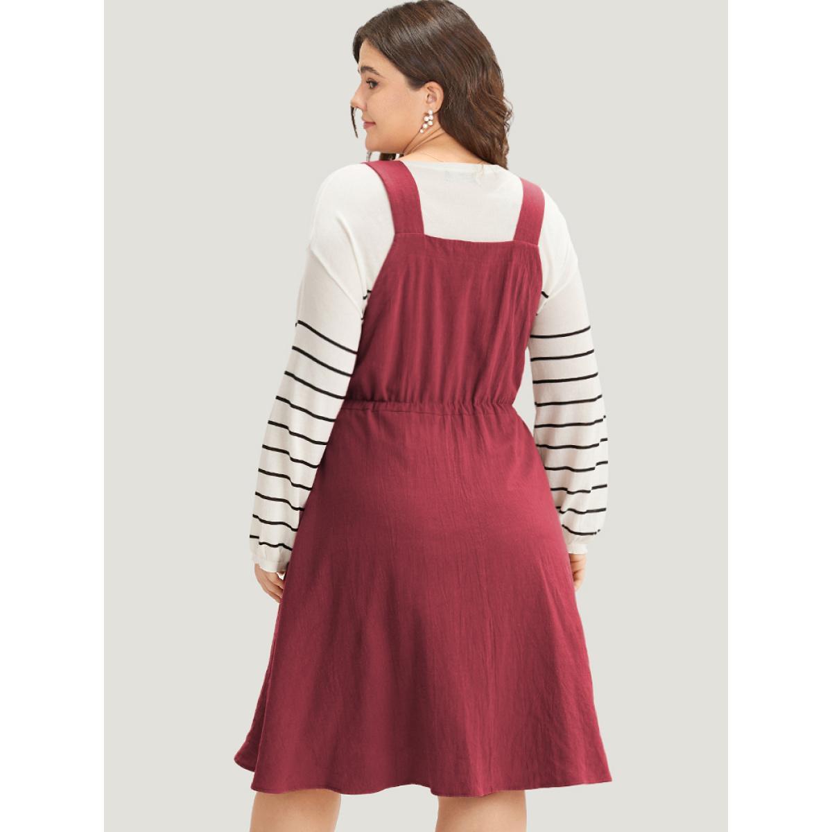 Plus Size Plain Drawstring Pocket Metal Detail Suspender Skirt Scarlet Women Casual Adjustable Straps Spaghetti Strap Sleeveless Curvy Midi Dress BloomChic 12/L Product Image
