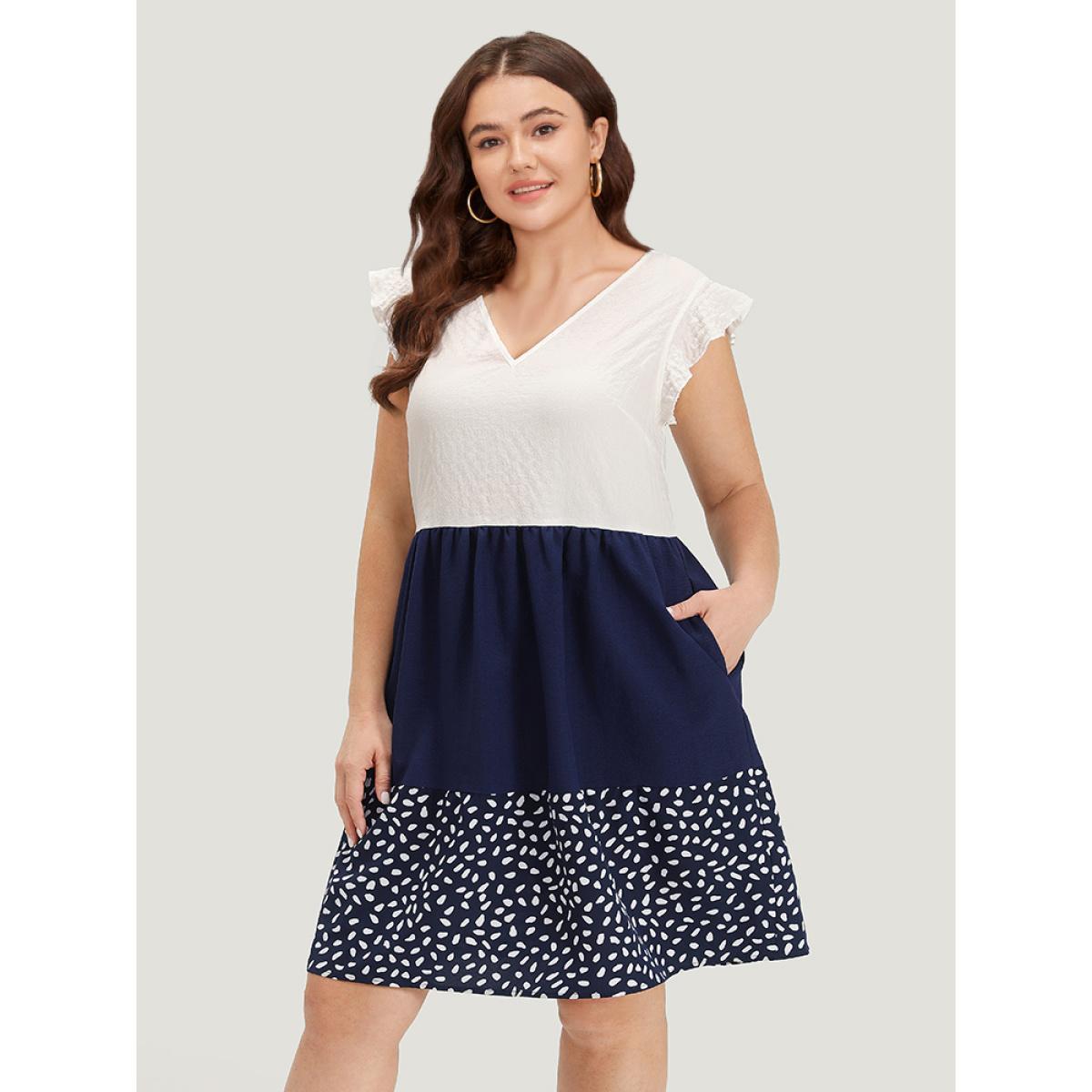 Plus Size Water Drop Print Patchwork Ruffle Cap Sleeve Pocket Dress DarkBlue Women Elegant Contrast V-neck Cap Sleeve Curvy Knee Dress BloomChic 28/5X Product Image