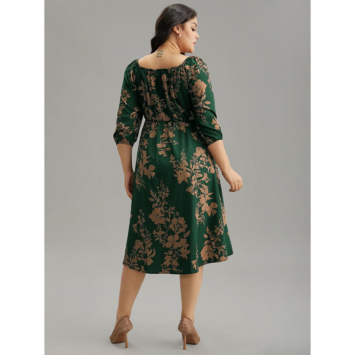 Plus Size Silhouette Floral Print Elastic Cuffs Dress DarkGreen Women Elegant Elastic cuffs Square Neck Elbow-length sleeve Curvy Midi Dress BloomChic 10/M Product Image