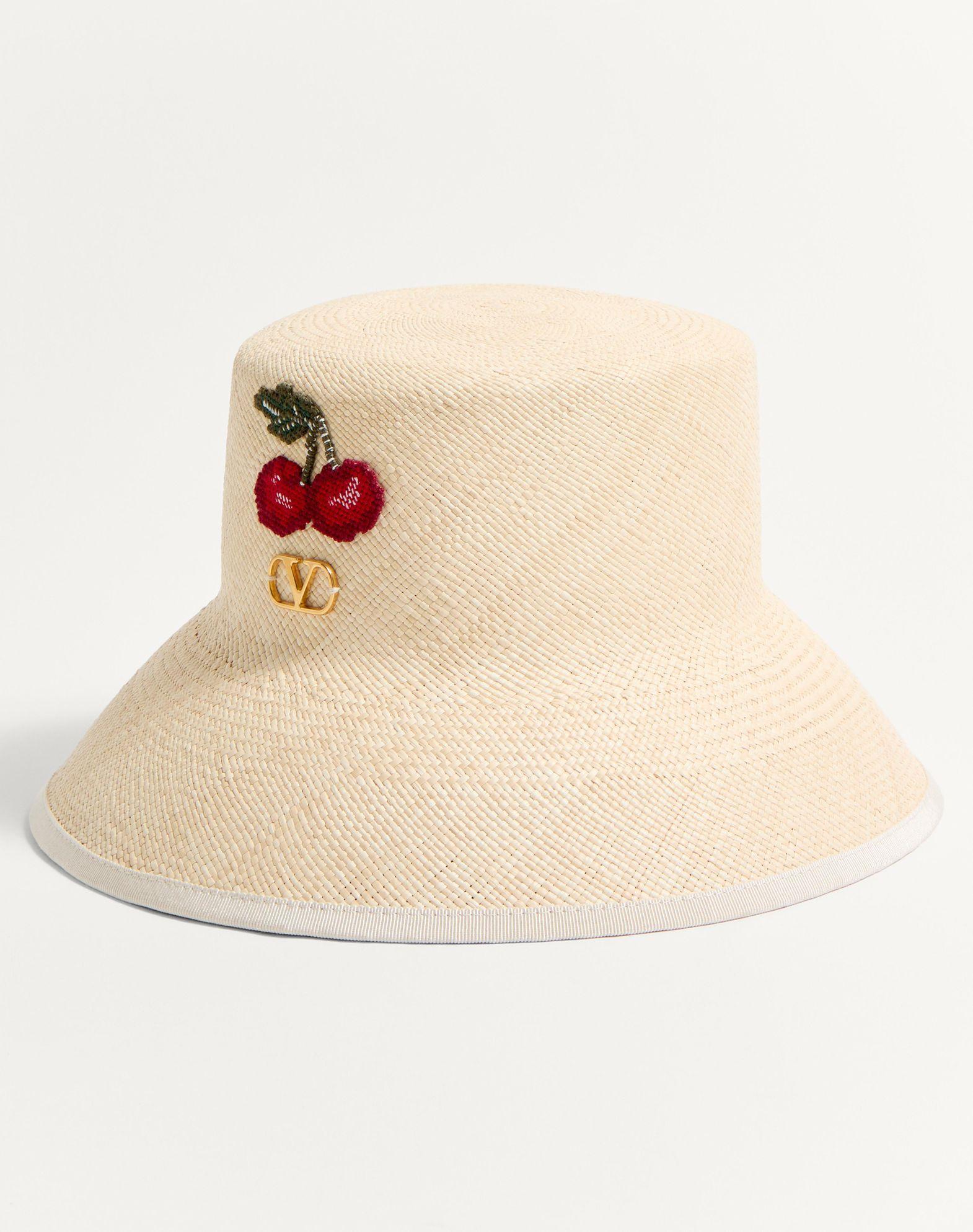 Vlogo Signature Straw Bucket Hat With Leather Trim And Cherryfic Embroidery Product Image
