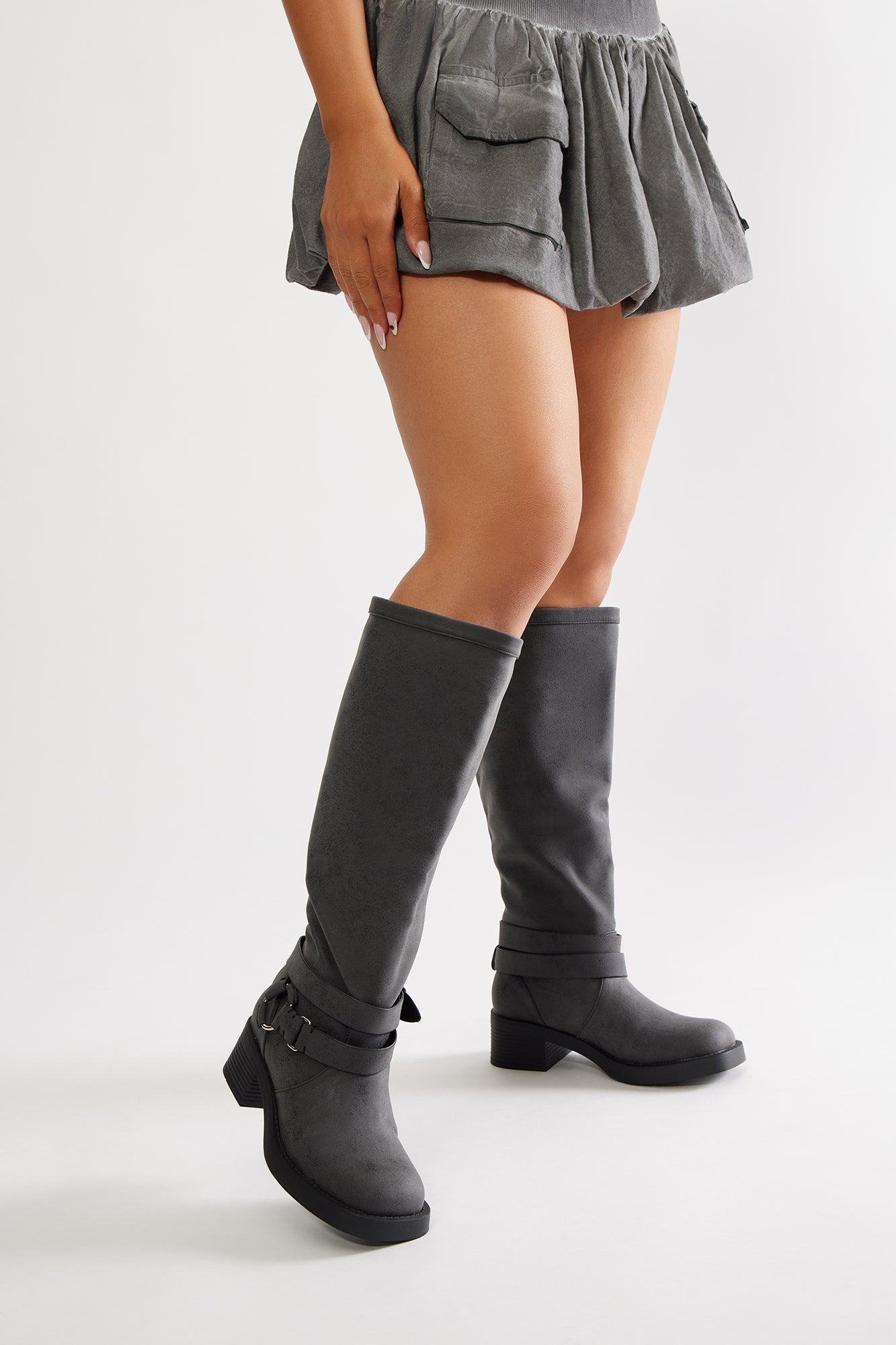 Marlene Buckle Knee High Boots - Black Product Image