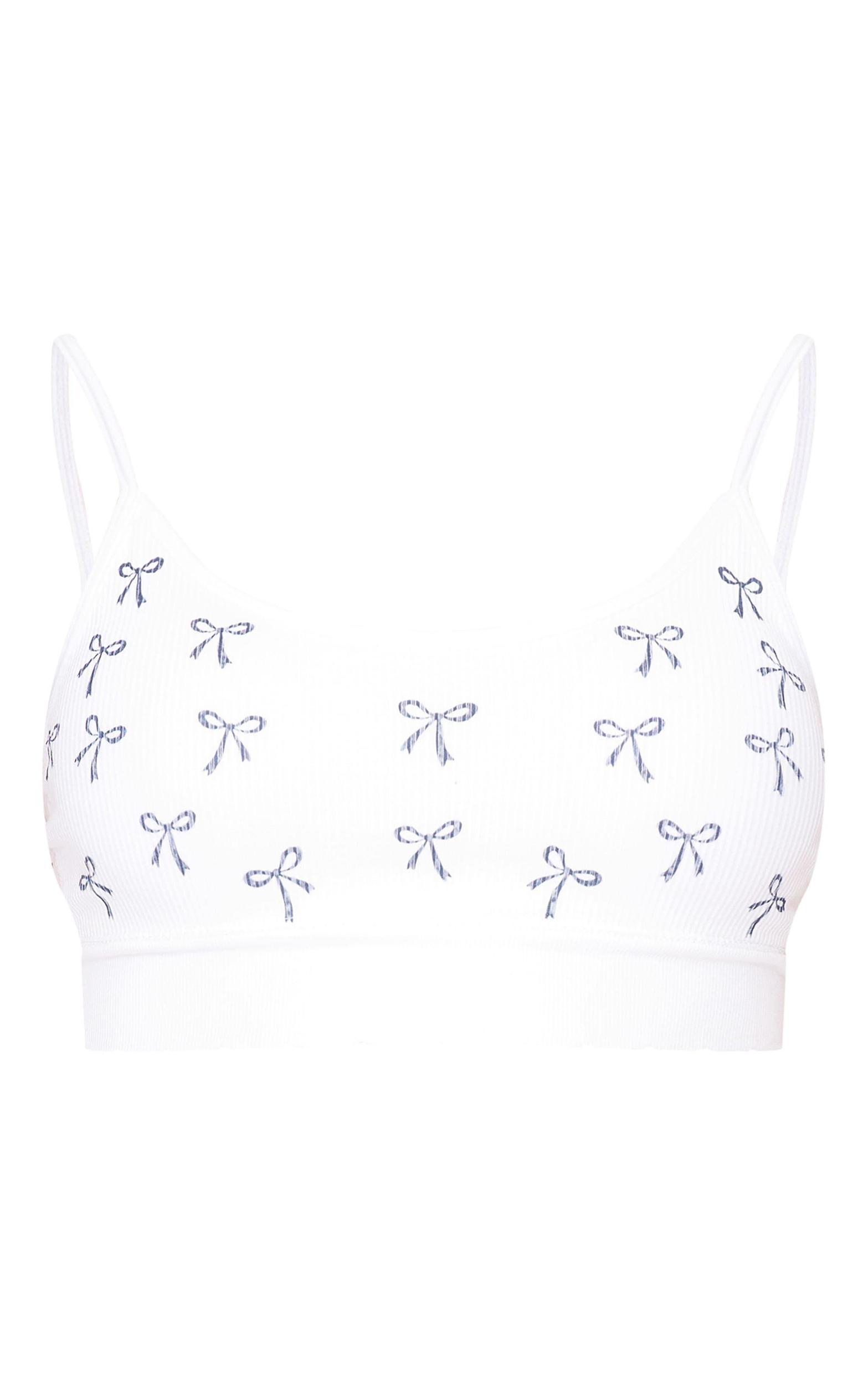 White Bow Print Ribbed Scoop Neck Bralette Product Image