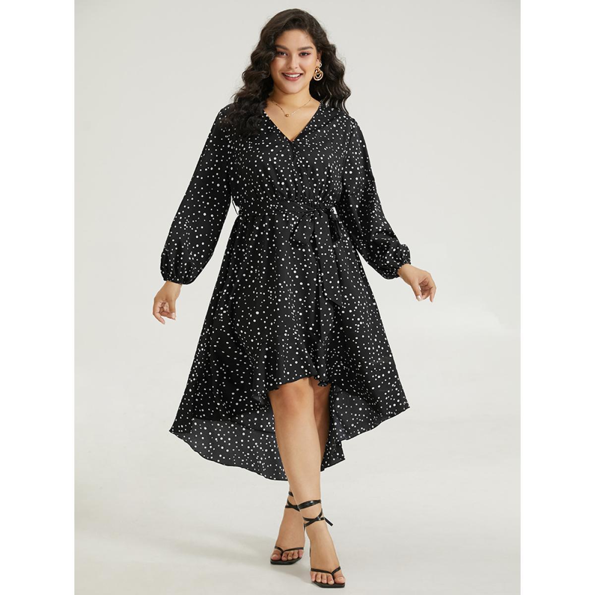 Plus Size Polka Dot Wrap Ruffle Trim High Low Hem Dress Black Women Elegant Elastic cuffs V-neck Long Sleeve Curvy Knee Dress BloomChic 28/5X Product Image