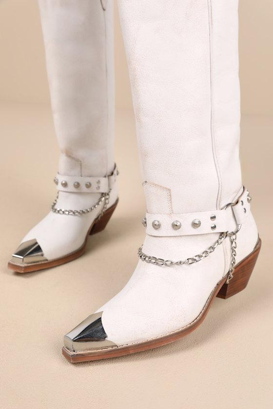 Brazen Distressed White Studded Chain Knee-High Boots Product Image