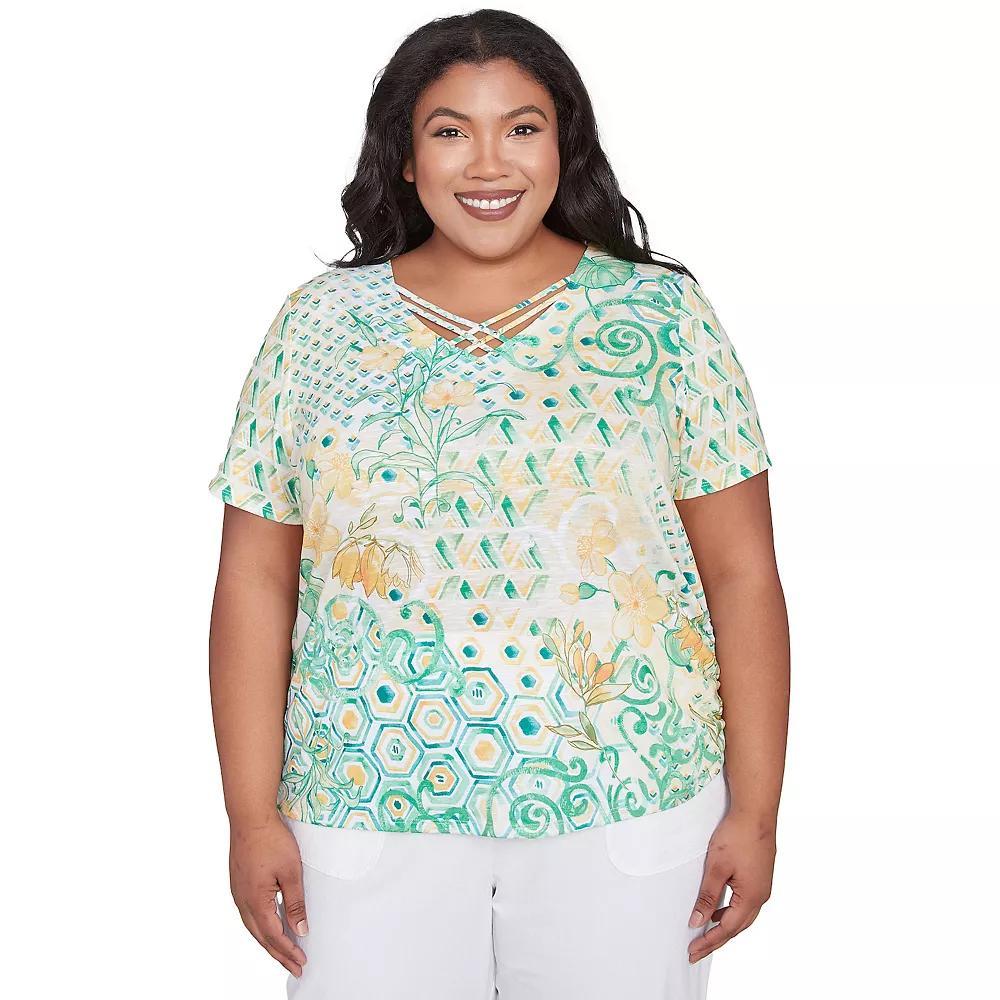 Plus Size Alfred Dunner Tropical Geometric Patchwork Tee, Women's, Size: 1XL, Green Team Product Image
