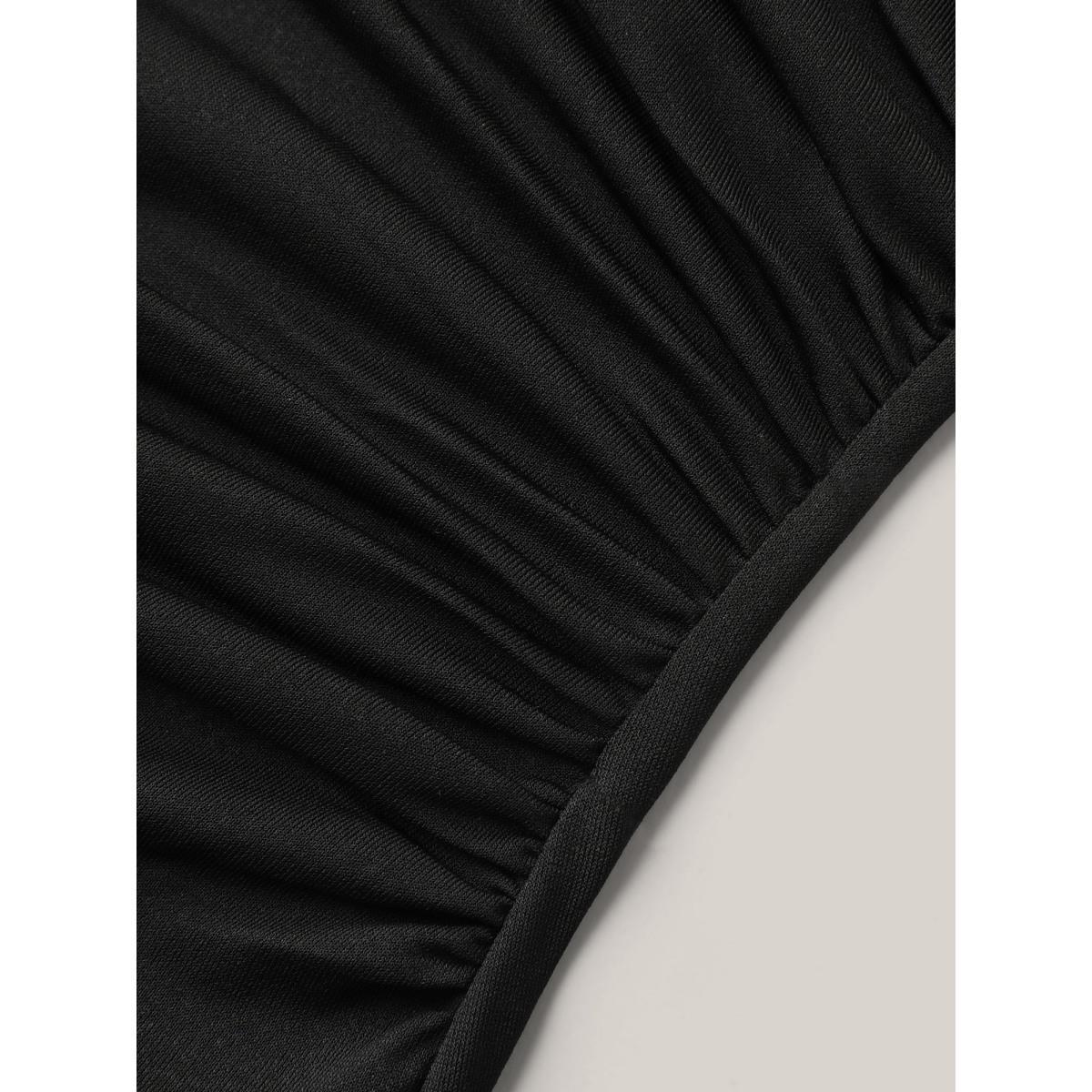 Plus Size Asymmetrical Neckline Curved Hem Plain T-Shirt Black Women Casual Gathered Asymmetrical Neck Bodycon Everyday T-shirts BloomChic 30/6X Product Image