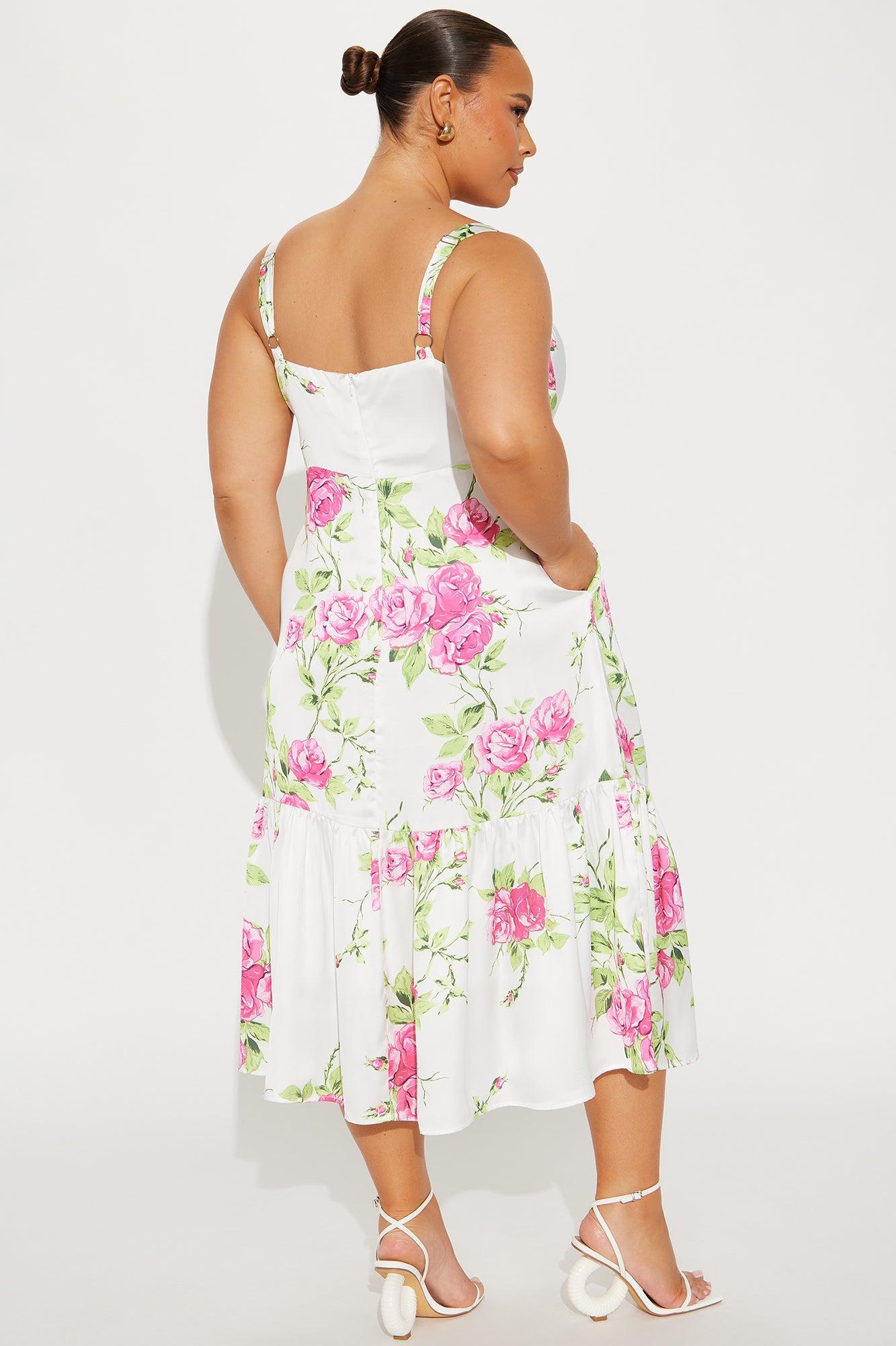 Fresh Roses Satin Floral Midi Dress - Multi Color Product Image