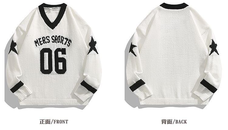 V-Neck Lettering Star Jacquard Sweater Product Image