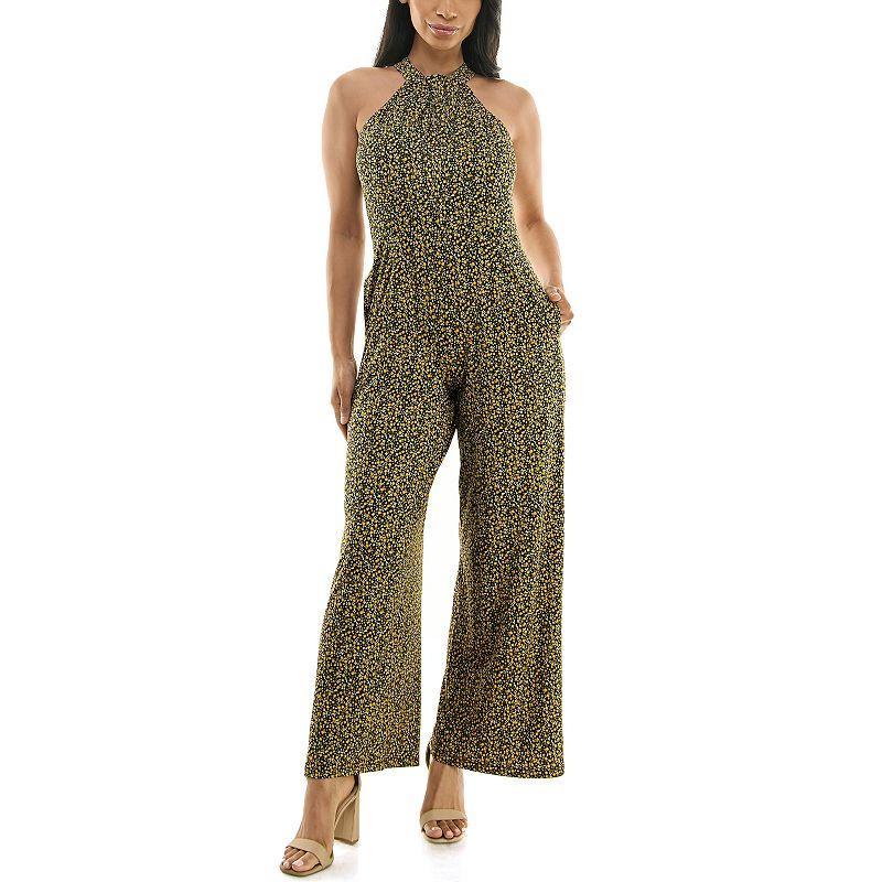 Women's Nina Leonard Printed Twist Neck Jumpsuit, Size: XL, Black Yellow Team Product Image