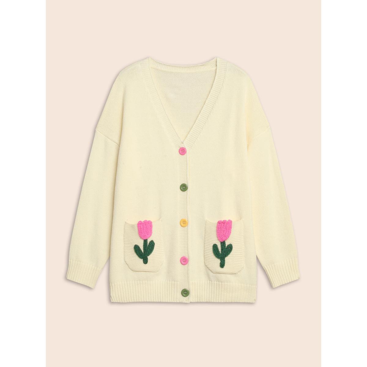 Plus Size Contrast Crochet Floral Patch Pocket Cardigan Beige Women Casual Loose Long Sleeve Everyday Cardigans BloomChic 30/6X Product Image