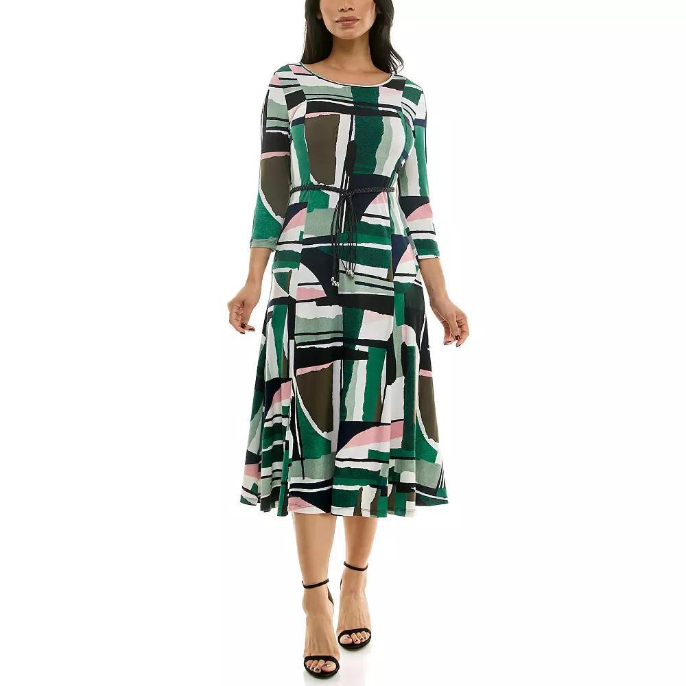 Women's Nina Leonard Sylvia Three-Quarter Sleeve Belted Midi Dress, Size: Large, Green Team Product Image