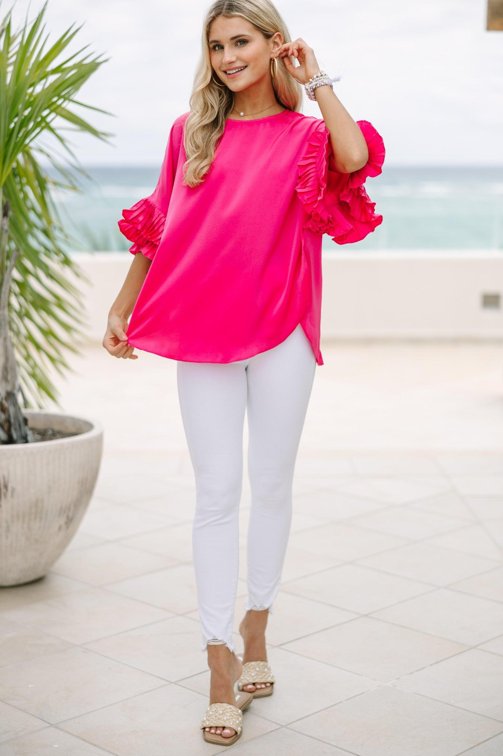 All The Frills Hot Pink Ruffled Blouse Female Product Image