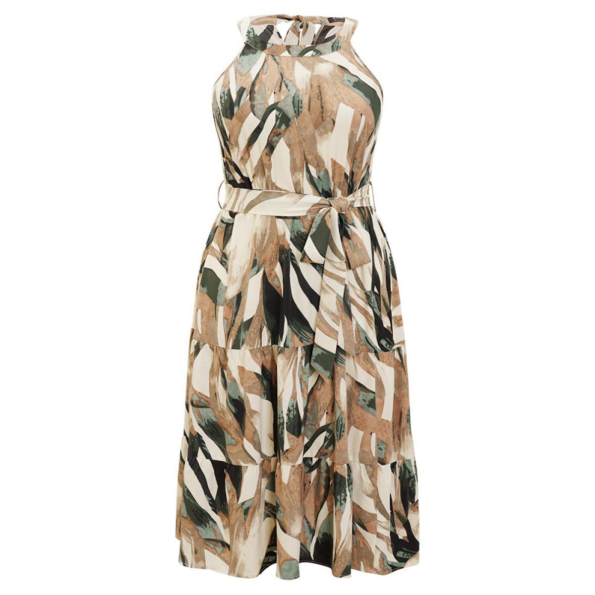Plus Size Geometric Contrast Ruffles Layered Pocket Belt Knot Halter Dress DarkGreen Women Elegant Belted Halter neck Sleeveless Curvy Long Dress BloomChic 18-20/2X Product Image