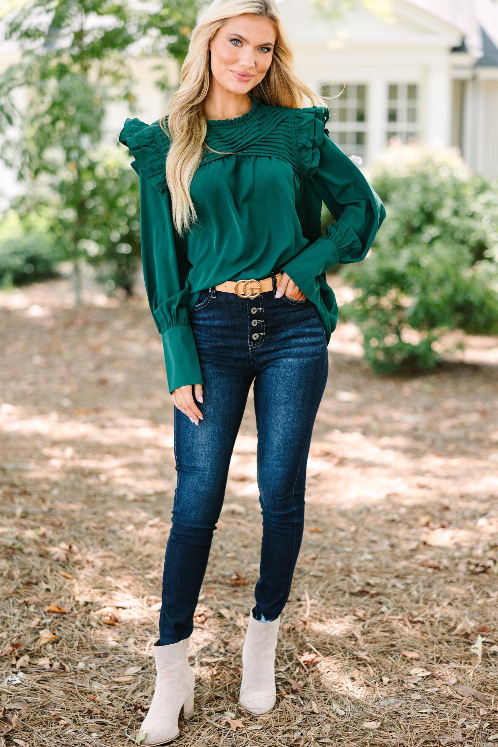 Save Your Applause Emerald Green Ruffled Blouse Female Product Image