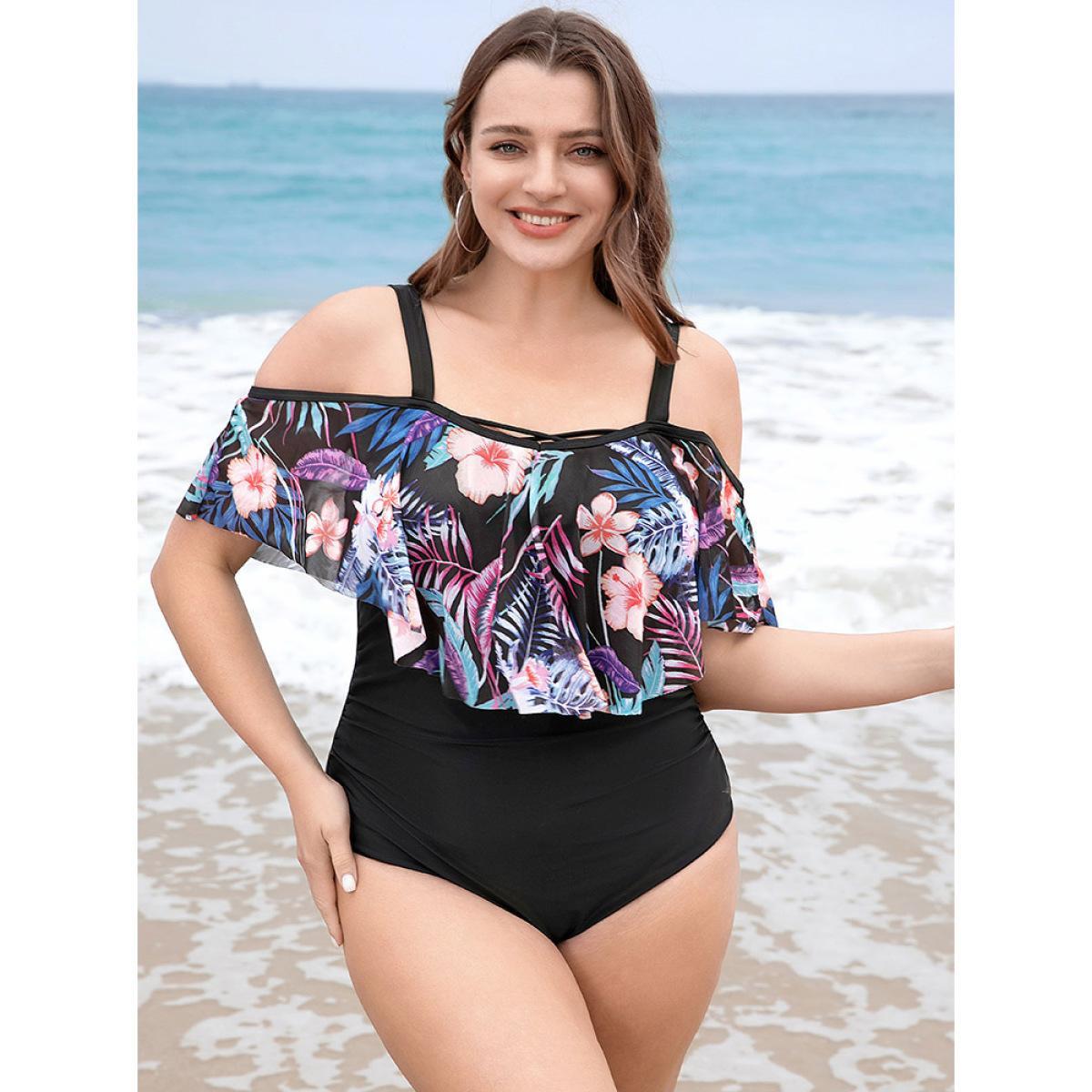 Plus Size Floral Patchwork Asymmetrical Ruffle Trim Crisscross One Piece Swimsuit Women's Swimwear Black Vacation Adjustable Straps Curve Bathing Suits High stretch One Pieces BloomChic 22-24/3X Product Image