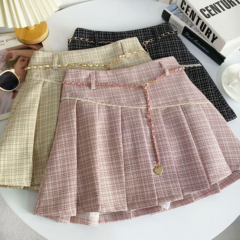 High Rise Plaid Lace Trim Pleated Mini A-Line Skirt Product Image
