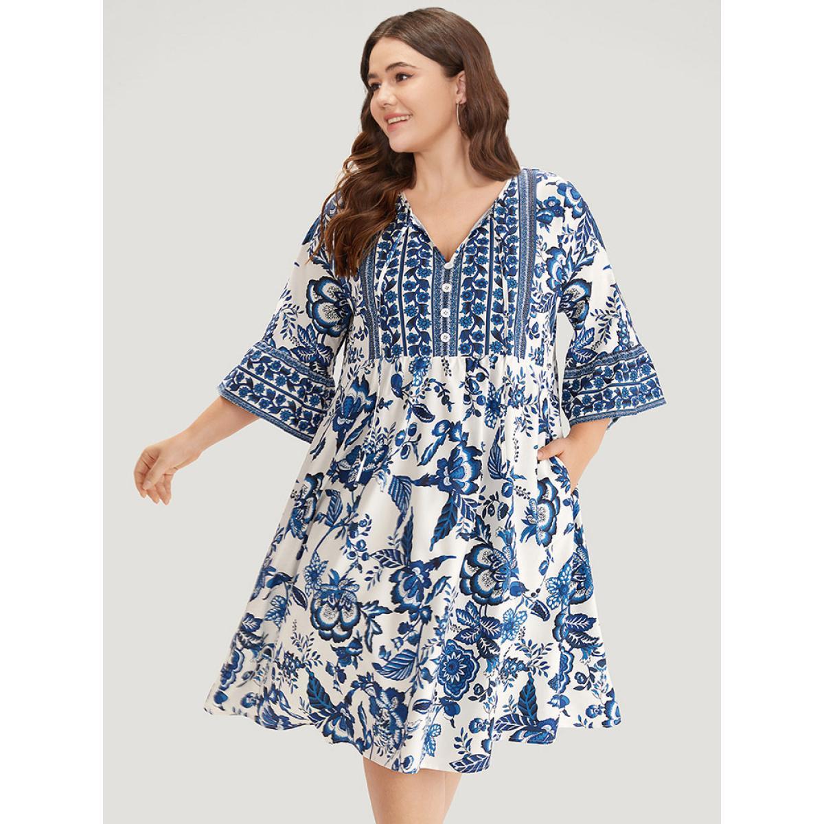 Plus Size Bandana Print Knot Neck Button Detail Dress DarkBlue Women Vacation Cross straps V-neck Elbow-length sleeve Curvy Midi Dress BloomChic 12/L Product Image