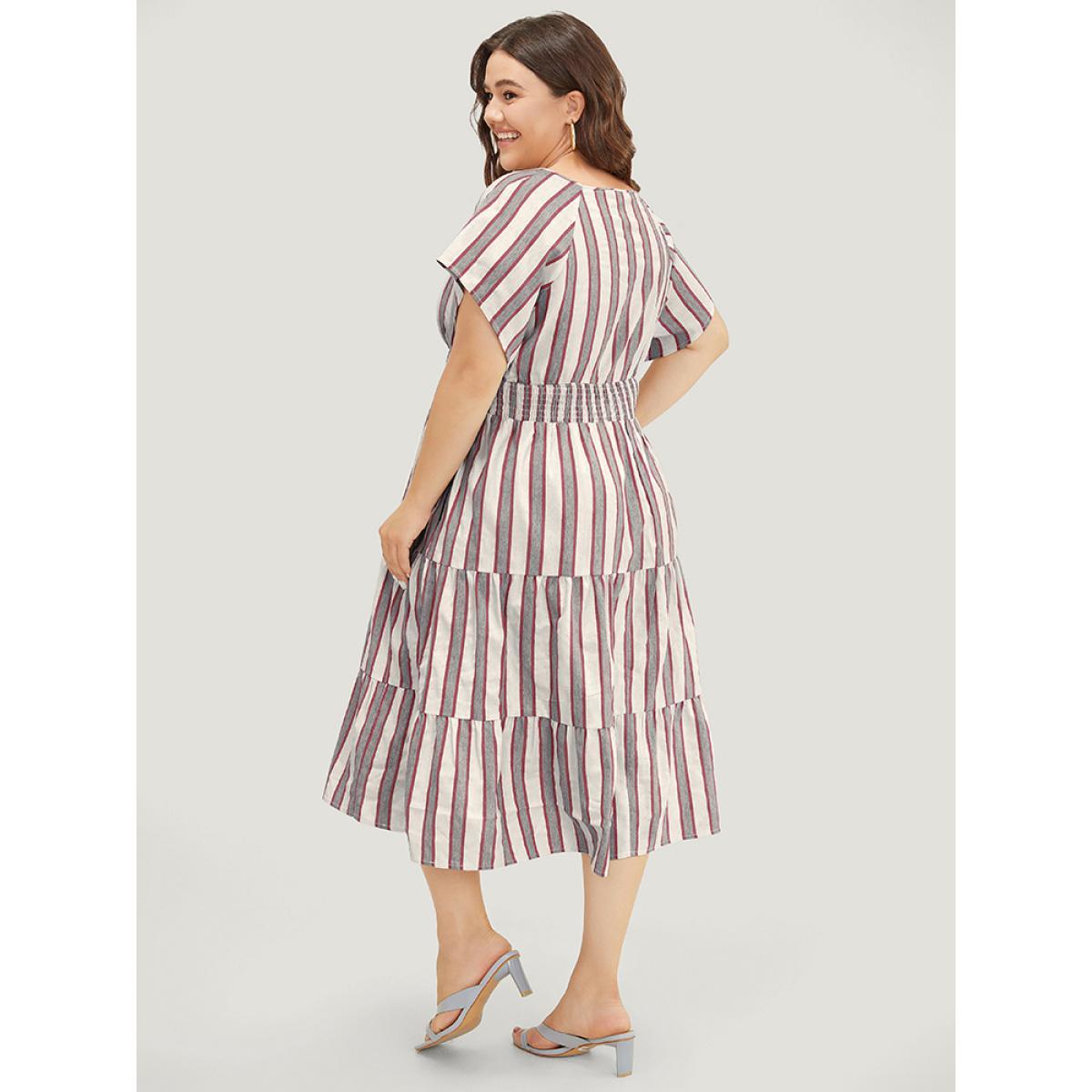 Plus Size Striped Contrast Pocket Shirred Flutter Tiered Dress Burgundy Women Resort Non V-neck Short sleeve Curvy Midi Dress BloomChic 10/M Product Image