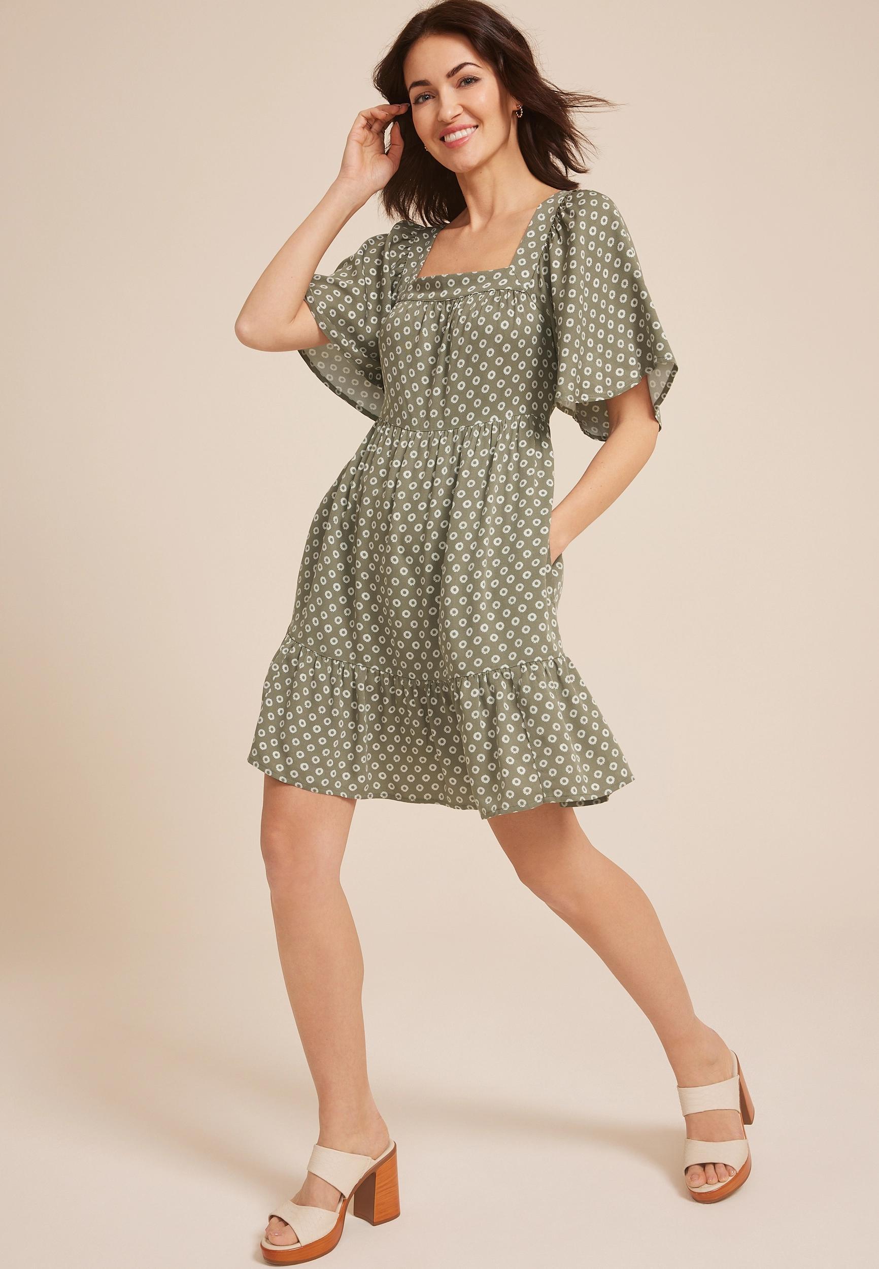 Printed Flutter Sleeve Babydoll Dress Product Image