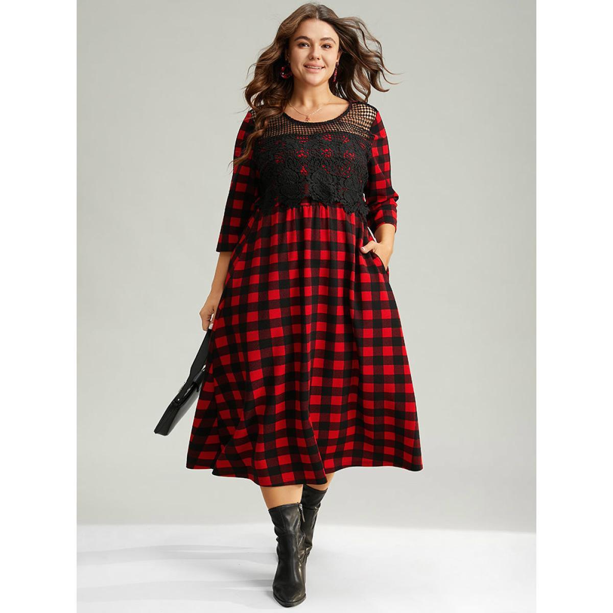 Plus Size Christmas Plaid Crochet Lace Mesh Cut Out Dress Raspberry Women Office See through Round Neck Elbow-length sleeve Curvy Midi Dress BloomChic 26/4X Product Image
