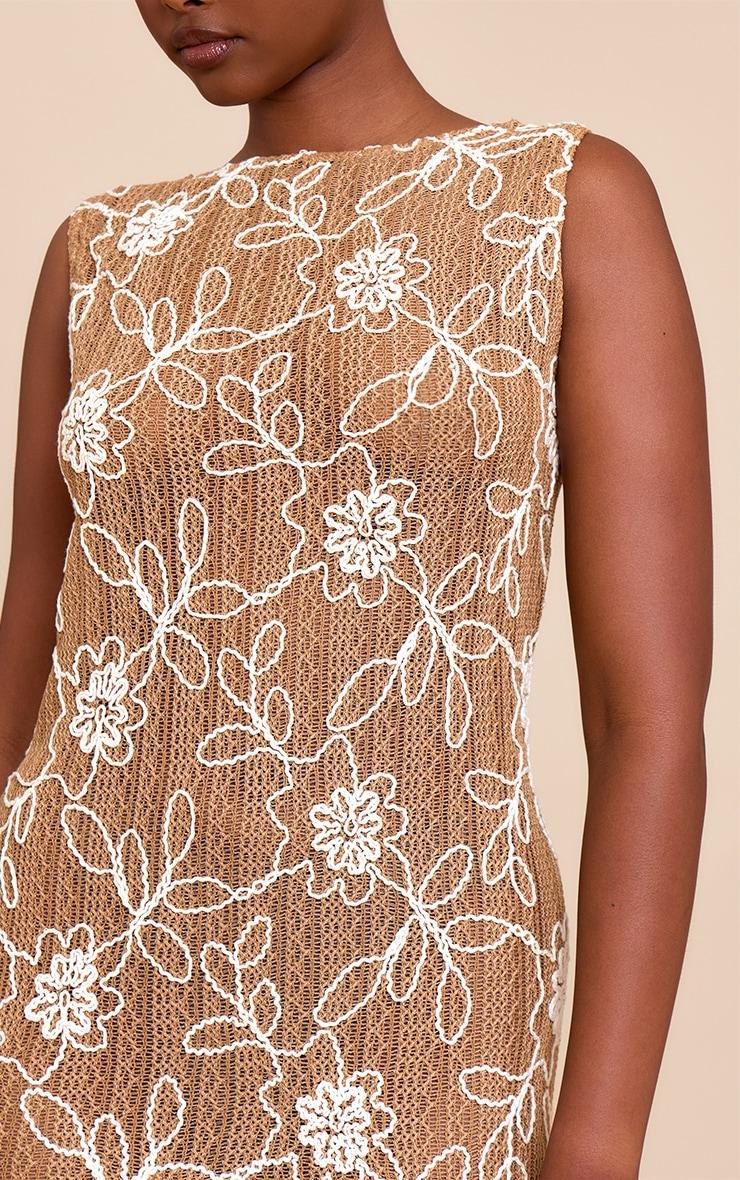Tan Textured Floral Boat Neck Shift Dress Product Image