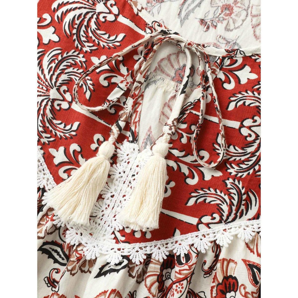 Plus Size Crimson Boho Floral Print Neck Tassels Blouse Women Short sleeve Flat collar with V-notch Vacation Blouses BloomChic 22-24/3X Product Image