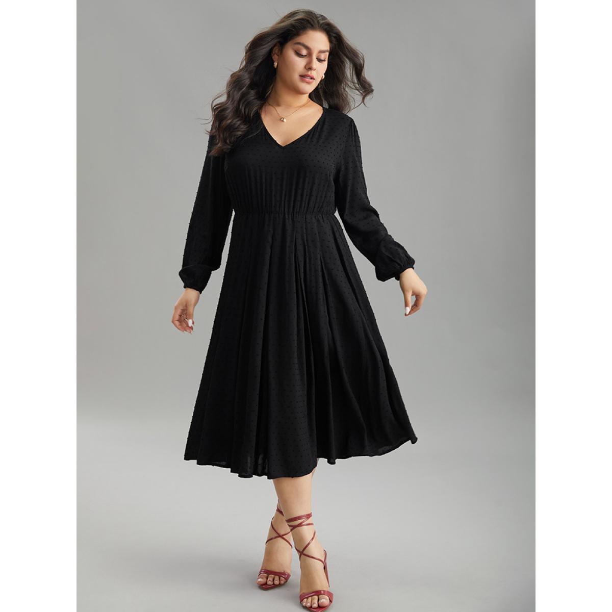 Plus Size Static-Free Solid Lantern Sleeve Pleated Dress Black Women Elegant Elastic cuffs Round Neck Long Sleeve Curvy Midi Dress BloomChic 22-24/3X Product Image
