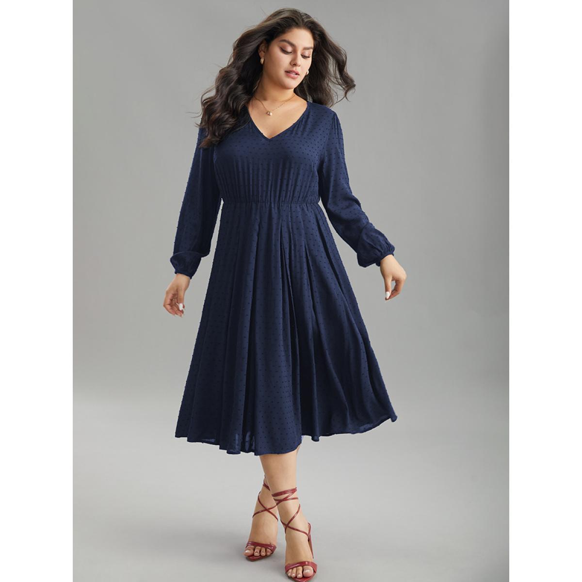 Plus Size Static-Free Solid Lantern Sleeve Pleated Dress DarkBlue Women Elegant Elastic cuffs Round Neck Long Sleeve Curvy Midi Dress BloomChic 28/5X Product Image