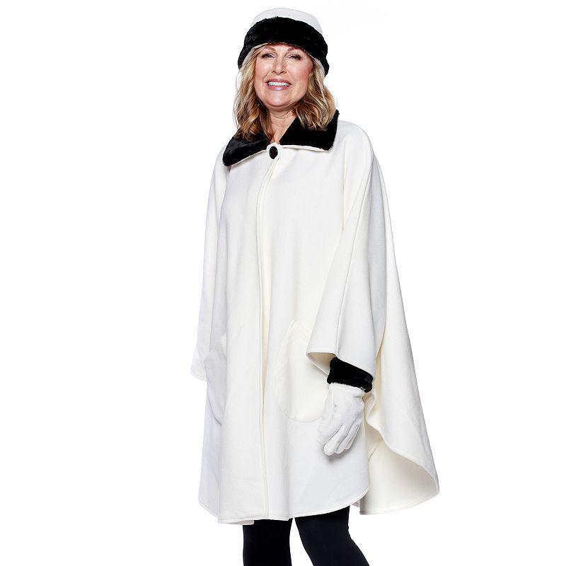 Women's Le Moda Faux Fur Trim Polar Fleece Wrap with Matching Gloves & Hat, White Product Image