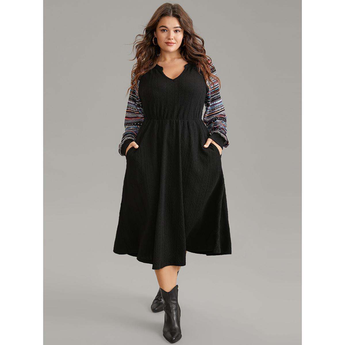 Plus Size Bandana Patchwork Elastic Waist Notched Dress DarkBlue Women Casual Printed Notched collar Long Sleeve Curvy Midi Dress BloomChic 26/4X Product Image