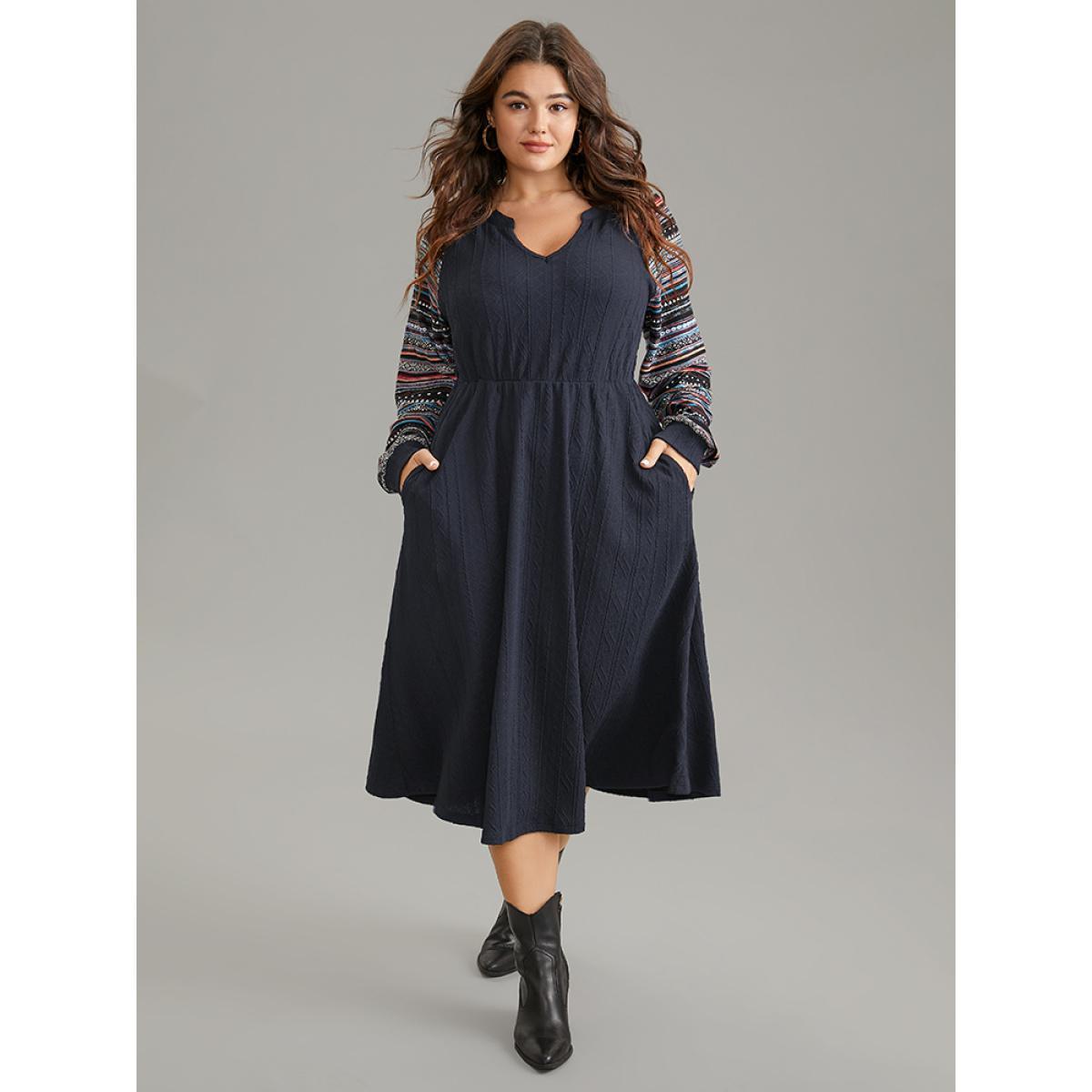 Plus Size Bandana Patchwork Elastic Waist Notched Dress Navy Women Casual Printed Notched collar Long Sleeve Curvy Midi Dress BloomChic 10/M Product Image