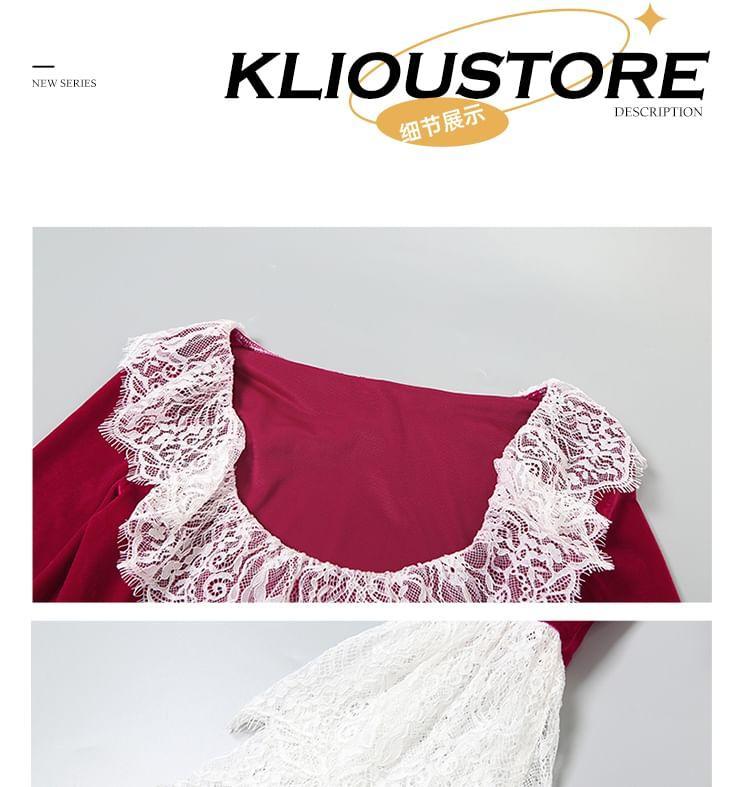 Flared-Sleeve Scoop Neck Plain Lace Trim Asymmetrical Crop Corset Top Product Image