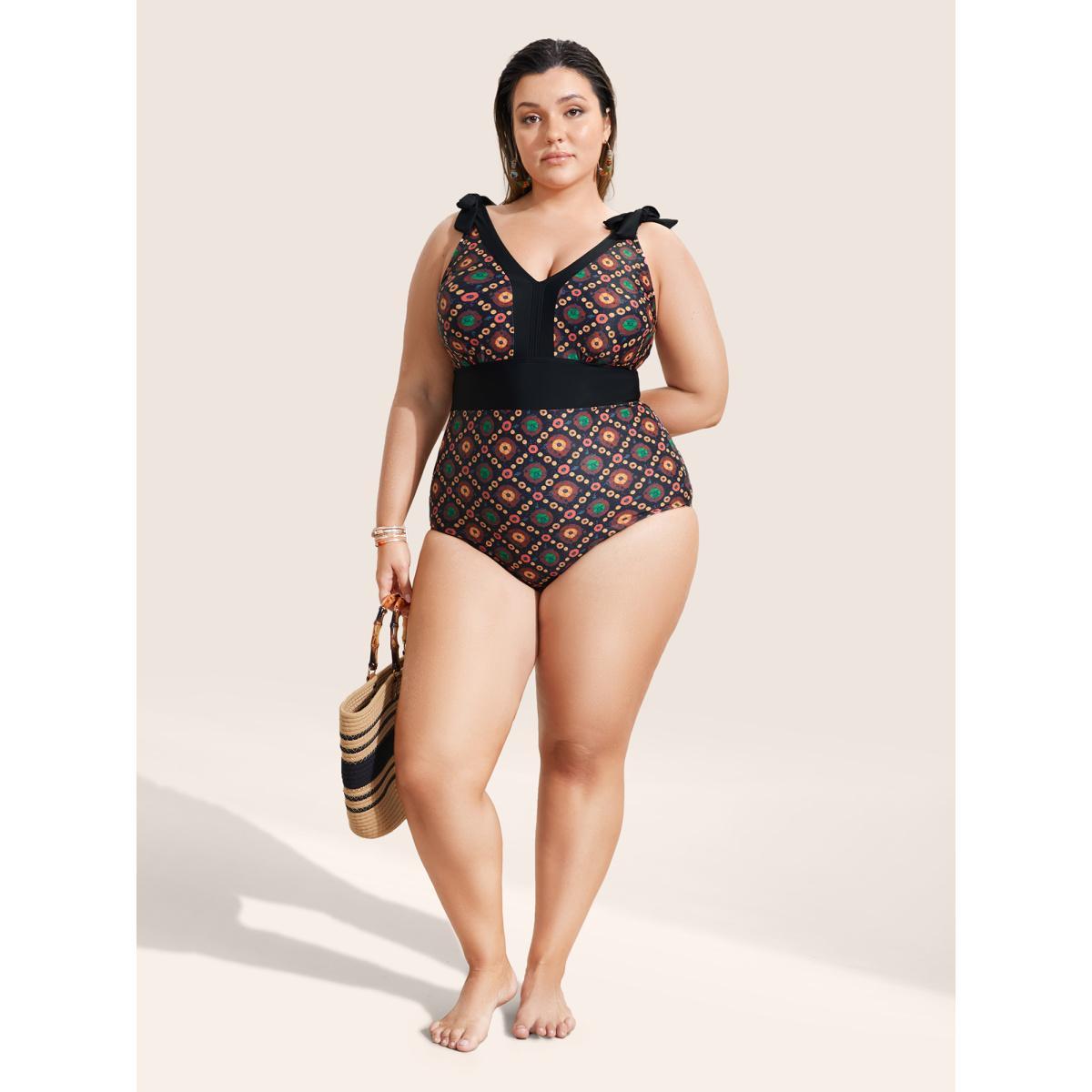 Plus Size Bandana Print Two Tone Knotted One Piece Swimsuit Women's Swimwear DarkBrown Beach Non Curve Bathing Suits No stretch One Pieces BloomChic 30/6X Product Image
