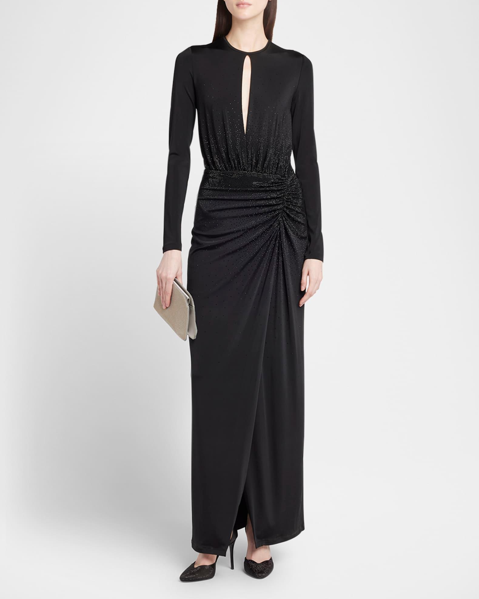 Keyhole Long-Sleeve Crystal Draped Jersey Gown Product Image