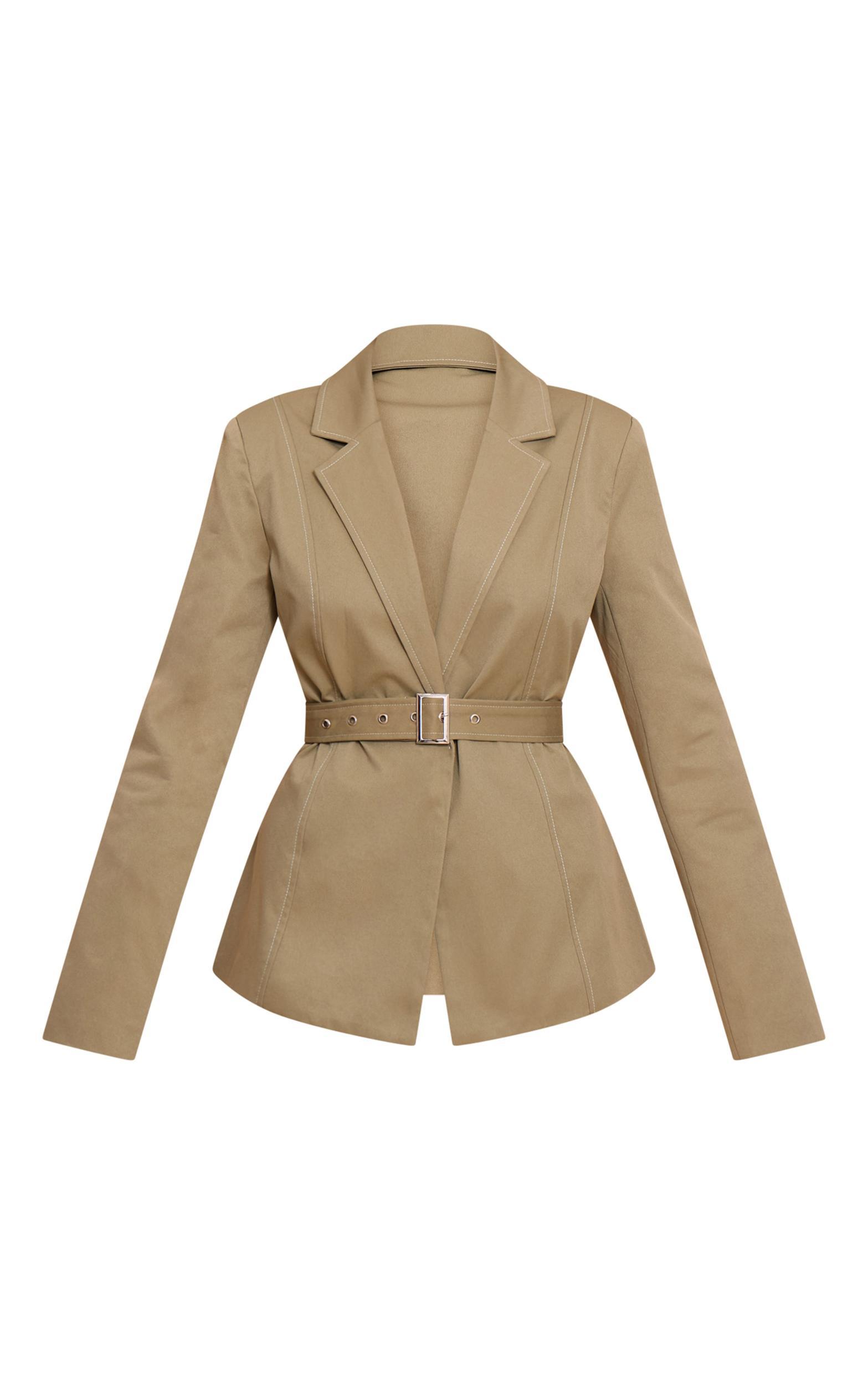 Sage Tie Waist Contrast Stitch Blazer Product Image