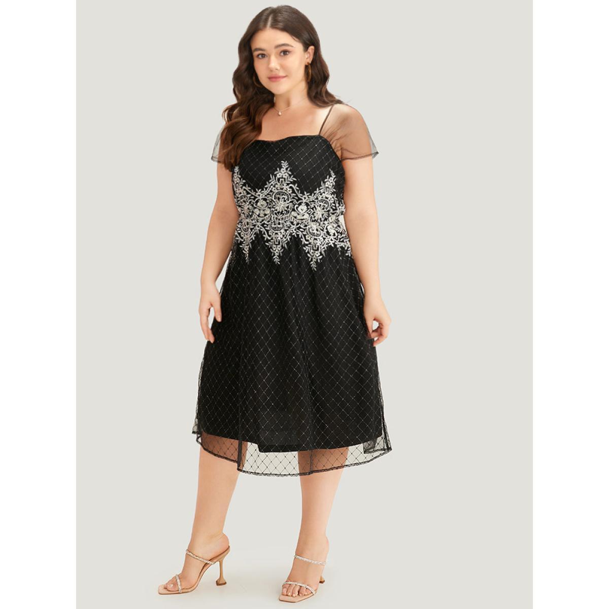 Plus Size Embroidered Pocket Mesh Patchwork Tank Dress Black Women Glamour Texture Square Neck Sleeveless Curvy Midi Dress BloomChic 26/4X Product Image