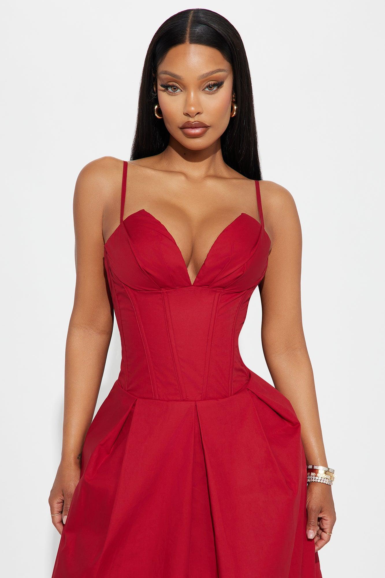 Estella Corset Poplin Midi Dress - Burgundy Product Image