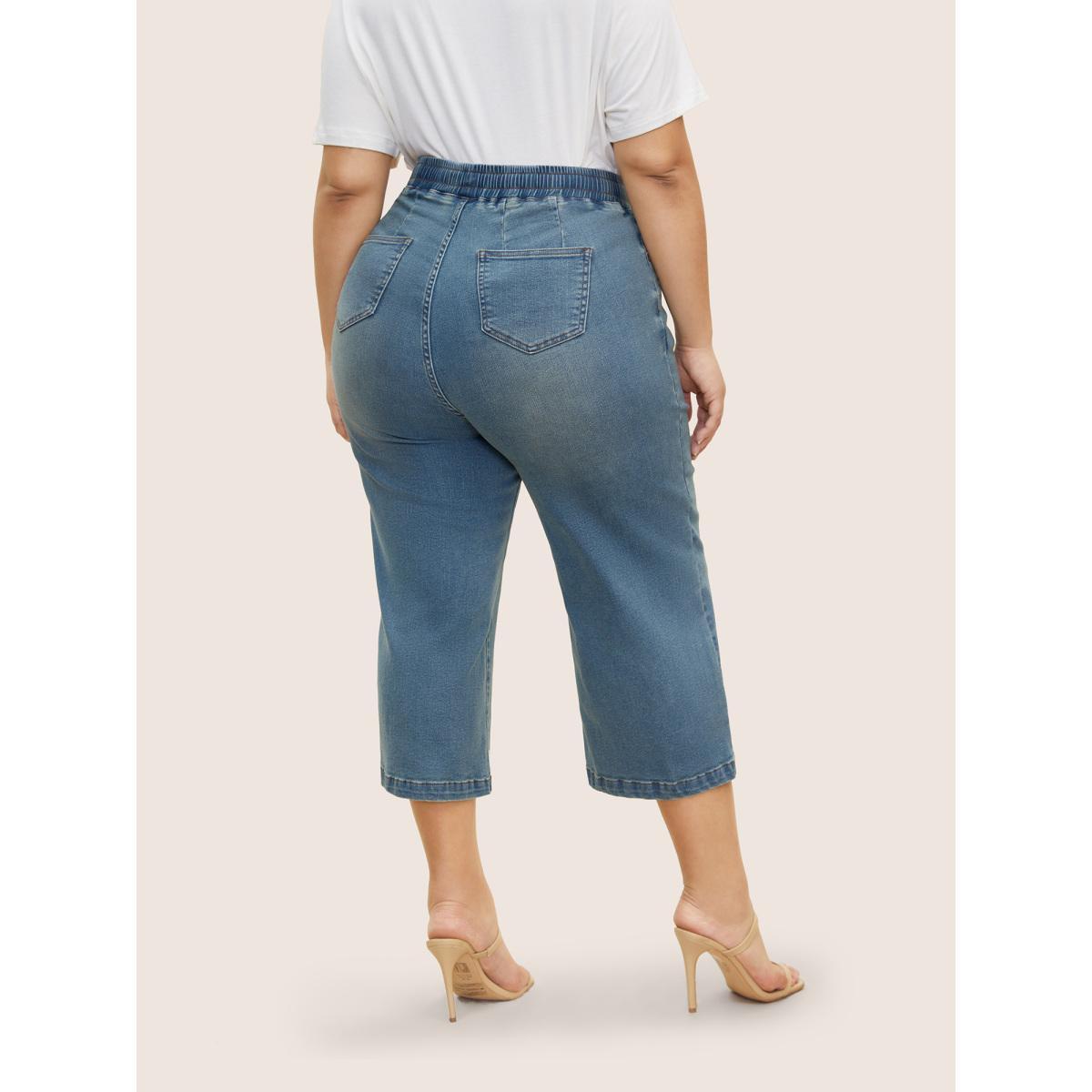 Plus Size Light Wash Drawstring Cropped Wide Leg Jeans Women Denimblue Casual Drawstring High stretch Slanted pocket Jeans BloomChic 30/6X Product Image