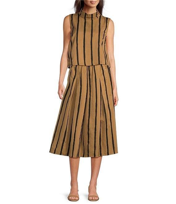 Buru Stripe Brocade Cropped Sleeveless Mock Neck Button Back Coordinating Boxy Top Product Image