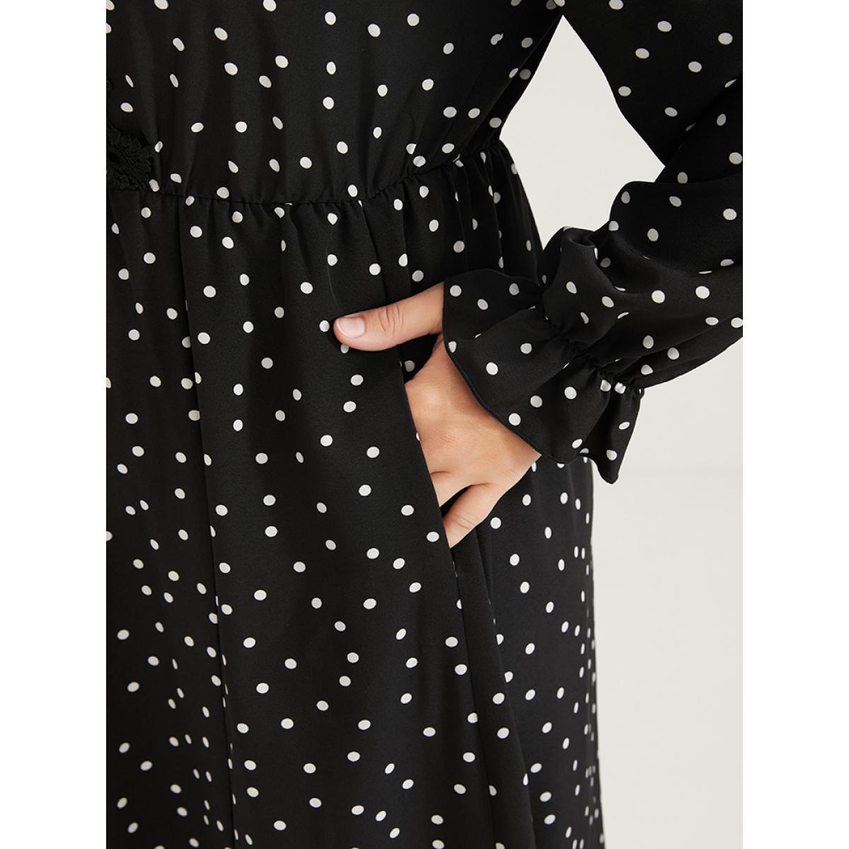 Plus Size Polka Dot Pocket Contrast Lace Split Hem Dress Black Women Elegant Patchwork V-neck Long Sleeve Curvy Long Dress BloomChic 12/L Product Image