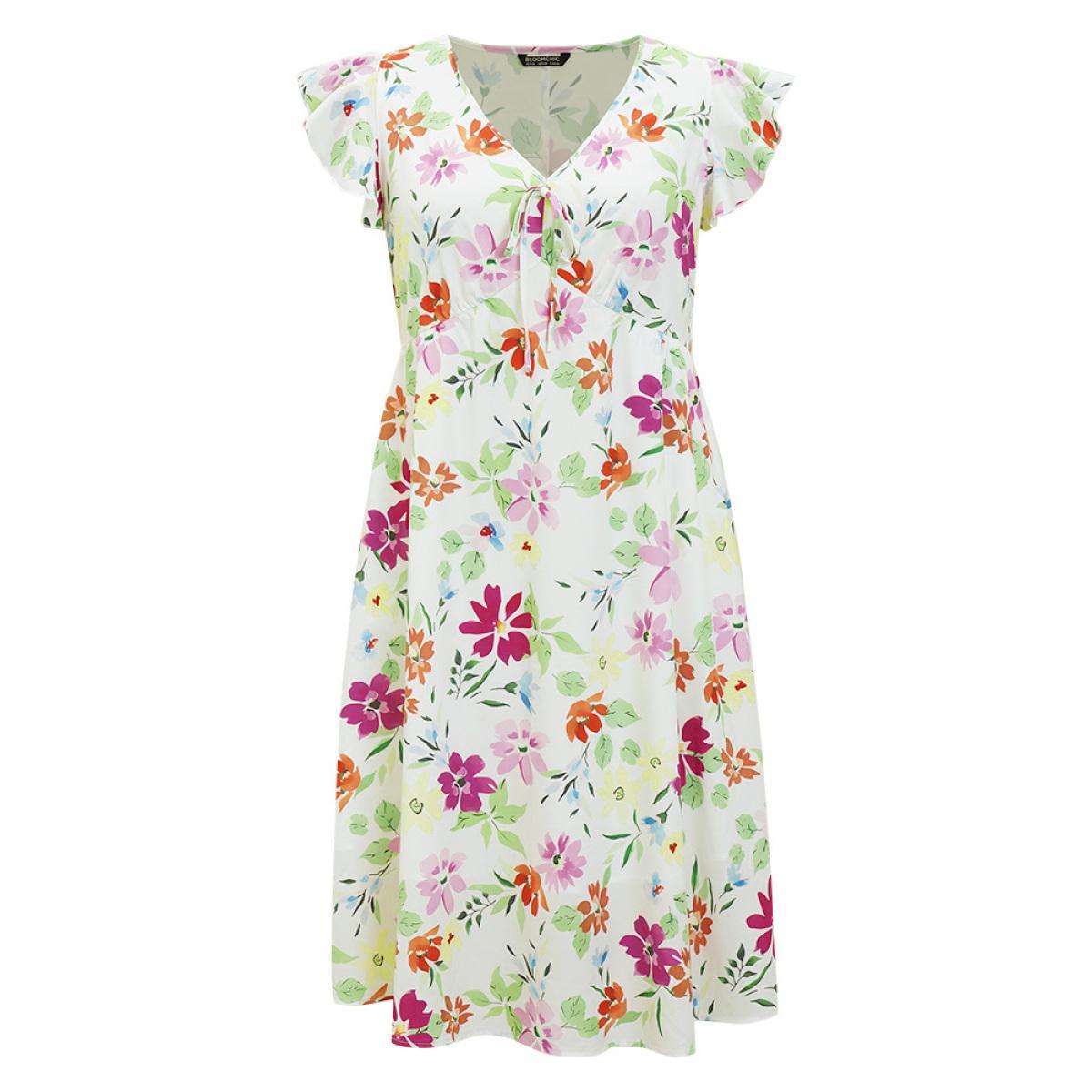 Plus Size Floral Knot Neck Pocket Cap Sleeve Ruffle Trim Dress Multicolor Women Elegant Knotted V-neck Cap Sleeve Curvy Midi Dress BloomChic 14-16/1X Product Image