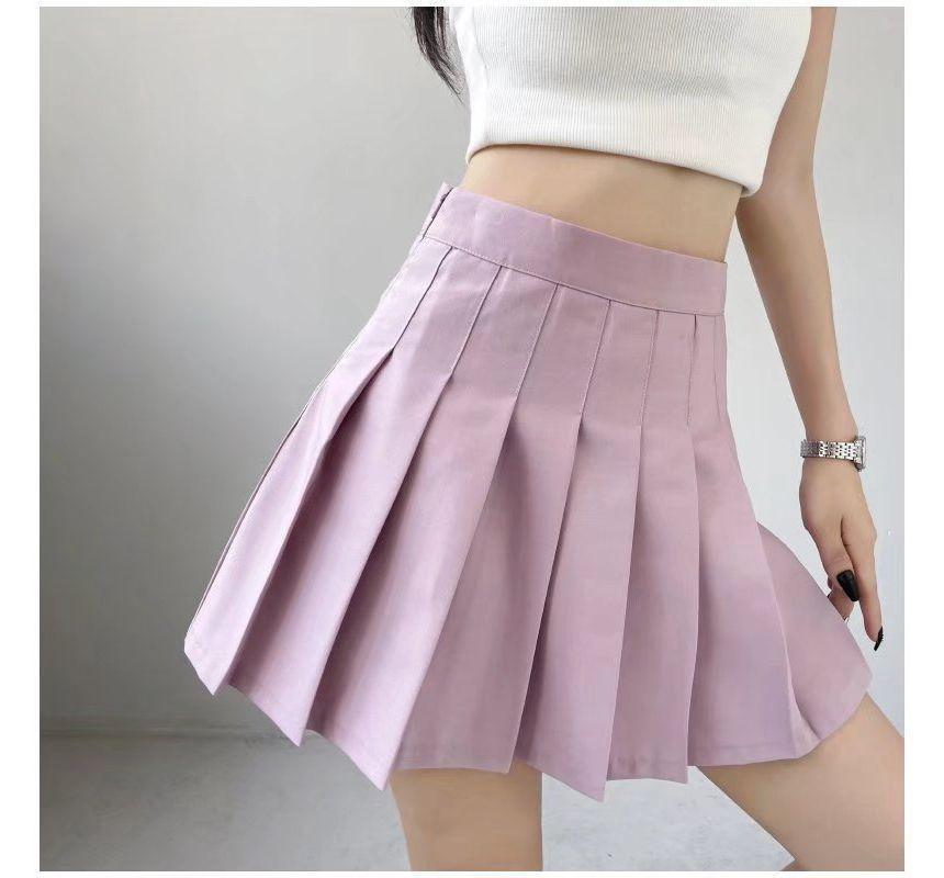 High Waist Plain Pleated Mini A-Line Skirt Product Image