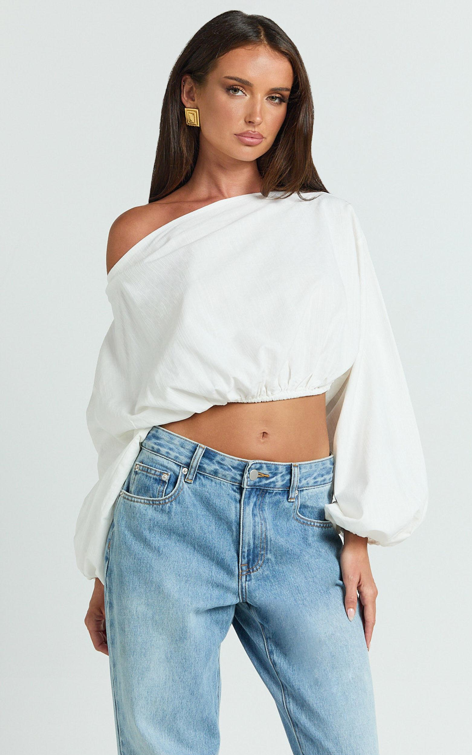 Alesia Top - Asymmetrical Boat Neck Elastic Hem Crop Top in White Product Image